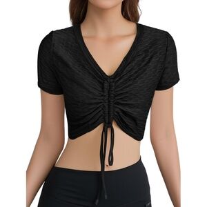 New Mix Crop Top S/M Black Drawstring Ruched Textured Stretch Trendy Casual Sexy